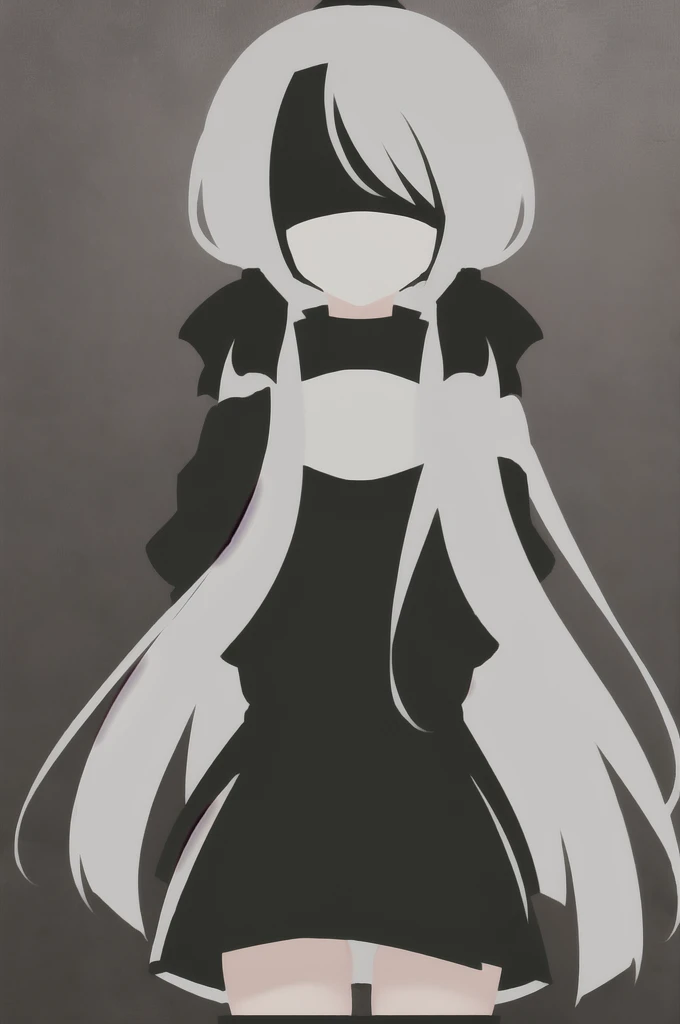 Anime Minimalist, One girl, alone, yorha no. 2 Type B, Black blindfold, Black Dress, Black hair band, Gray Hair,