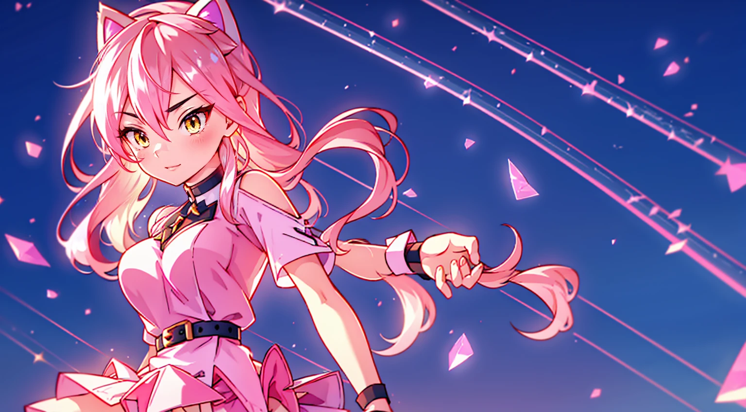 An anime girl with cat ears. Fake cat ears, and the cat ears are framed in gold on the head, long pink hair, very long hair, bright pink hair, white miniskirt with gold belt, She wears white gloves on her hands, pinker BH pinker Tanger, around the neck a golden collar, View to the viewer, 
sexly, large , tight juicy ass, elongated yellow eyes with pink fragments, cute face",,