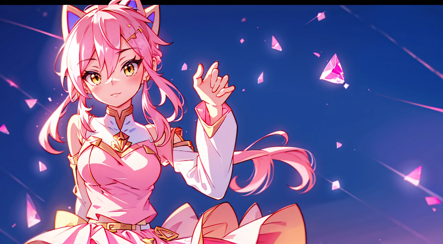 An anime girl with cat ears. Fake cat ears, and the cat ears are framed in gold on the head, long pink hair, very long hair, bright pink hair, white miniskirt with gold belt, She wears white gloves on her hands, pinker BH pinker Tanger, around the neck a golden collar, View to the viewer,
sexly, large , tight juicy ass, elongated yellow eyes with pink fragments, cute face",,
