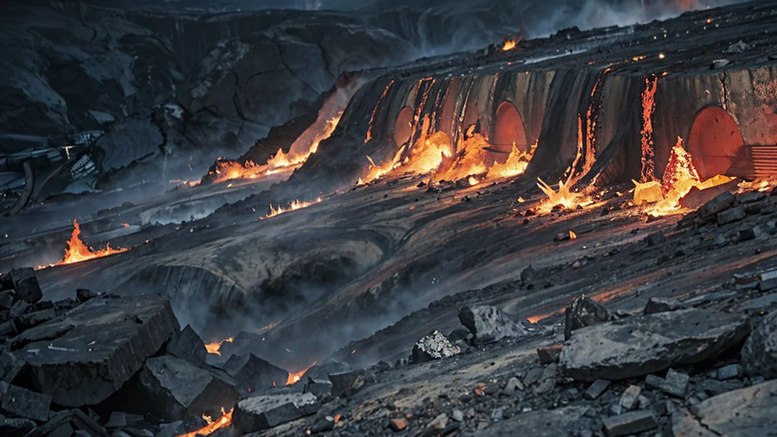 Illustrate a vision of hell from a human's eye-level viewpoint. Flames leap and twist, creating a chaotic blend of reds, oranges, and blacks. The ground is charred and fragmented, with rivers of lava cutting through. Tormented souls are visible, adding to the macabre scene. The background features ominous, crumbling ruins and a landscape of jagged rocks under a sky filled with ash and smoke.