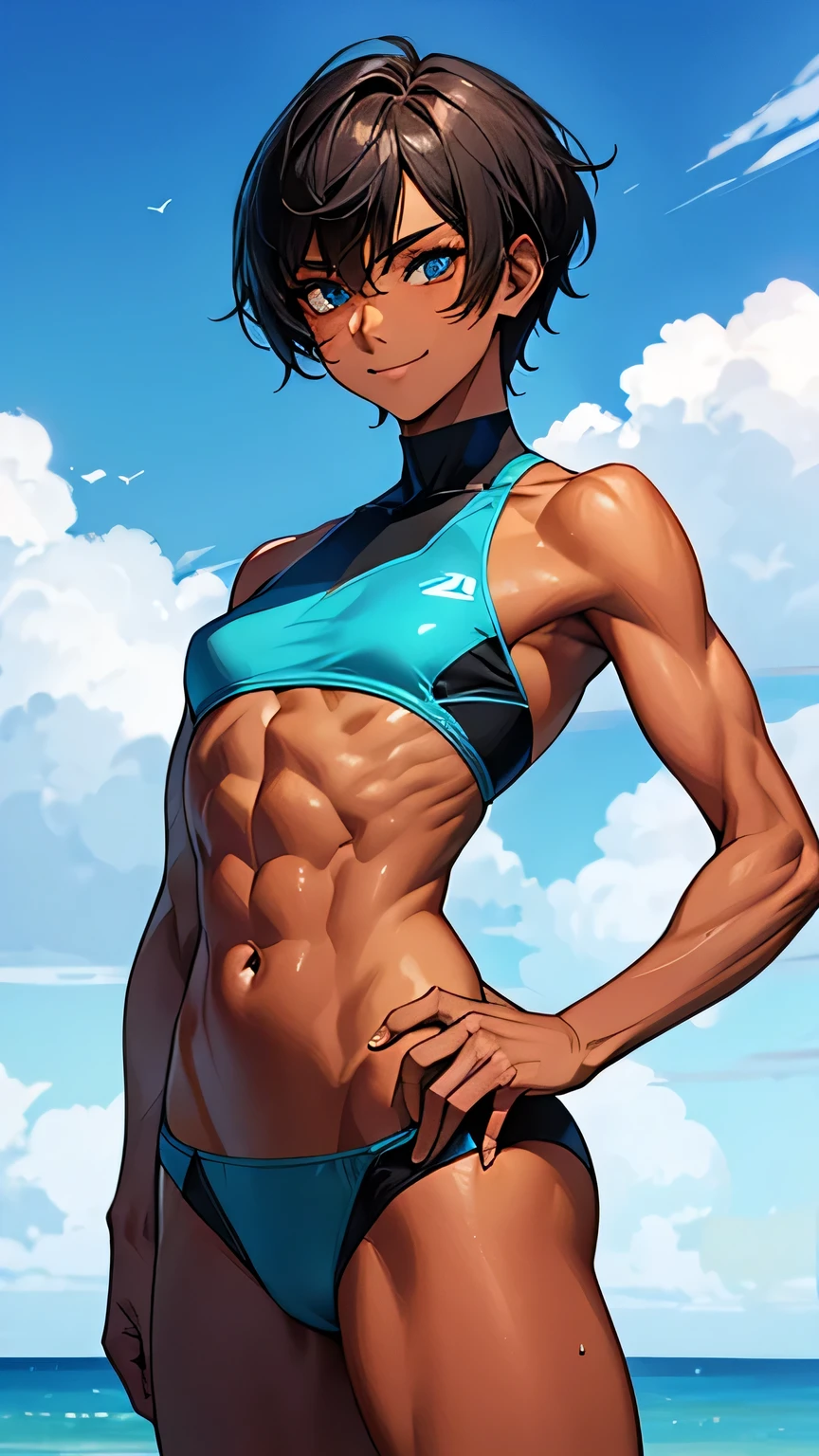 highest quality、Realistic、girl、zoom、Turquoise eyes、short hair、Swimwear、Tanned black body、A well-trained body、muscle、Abdominal muscles、athlete、Brown black skin、slender、Dark Skin、Flat Chest、smile、Summer Sea、Bust Shot、
