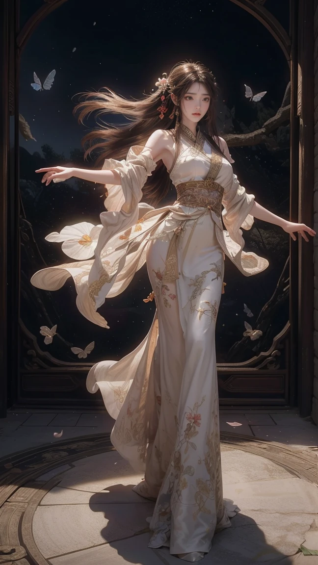 A beautiful woman with perfect curves wearing a long white dress that gently flutters in the air,The beautiful woman was standing in a sea of beautiful flowers surrounding her, Chinese traditional, her flexible body increasing with every movement, So enchanting, the dim candlelight, the glowing butterflies fighting the darkness of the night, the light of the moon, The night wind blowing the curtains, the white flower petals , flower petals flying around the room, Chinese dancing, This woman is so beautiful that she attracts everyone who watches her, ancient China, imperial empress