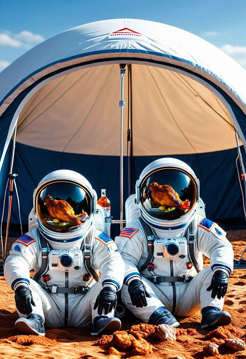 Two astronauts wearing space suits are sitting on chairs on moon surface. They have taken off their helmets, revealing their faces, and are holding BBQ forks while grilling chicken wings. They are inside a giant transparent tent, which is part of the moon base. There is a giant air conditioner to regulate the temperature for them. The air conditioner clearly displays the brand as Mitsubishi Heavy Industries, in ultra-clear, detailed, photorealistic, masterpiece quality, RAW, 16k.