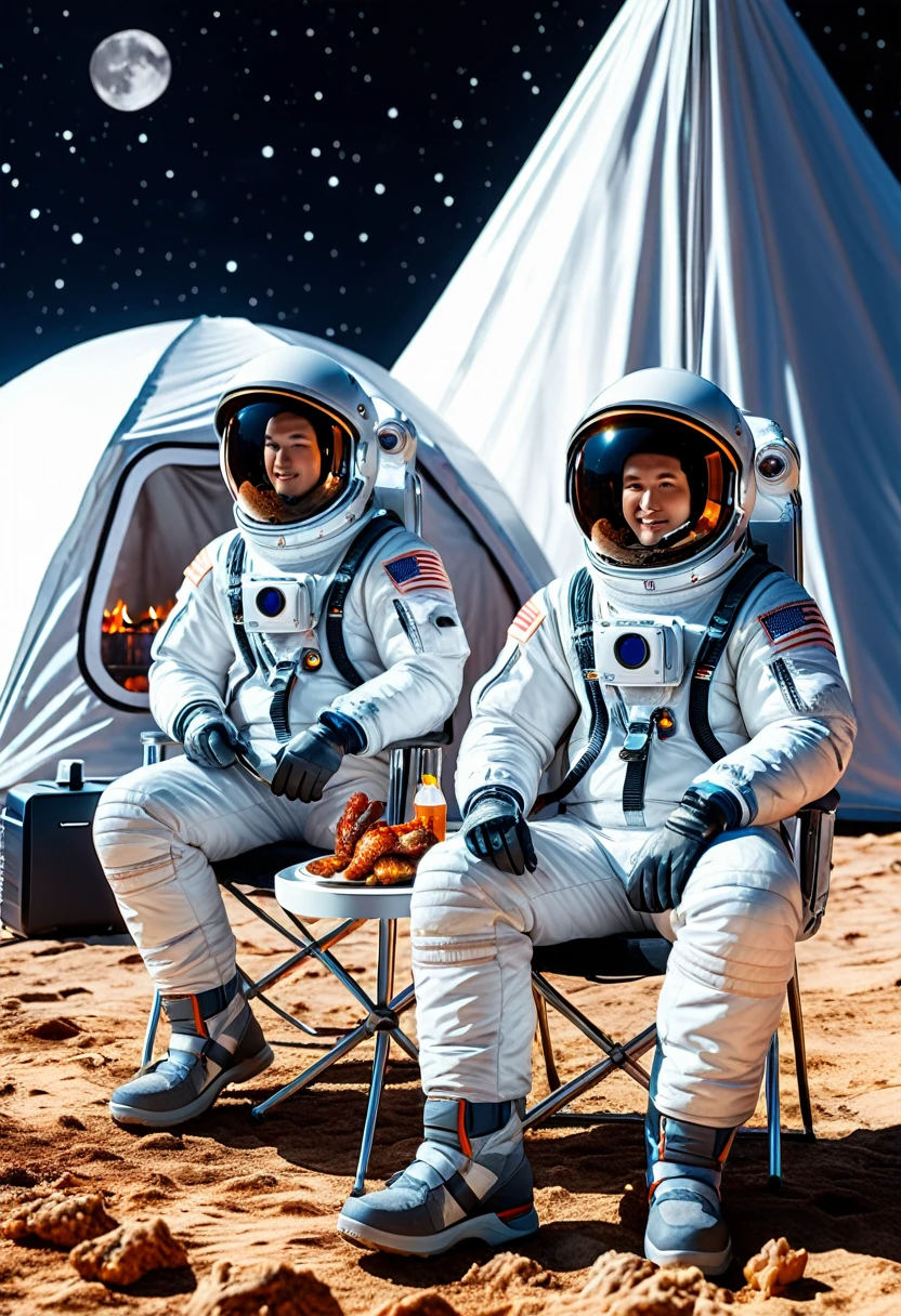 Two astronauts wearing space suits are sitting on chairs on moon surface. They have taken off their helmets, revealing their faces, and are holding BBQ forks while grilling chicken wings. They are inside a giant transparent tent, which is part of the moon base. There is a giant air conditioner to regulate the temperature for them. The air conditioner clearly displays the brand as Mitsubishi Heavy Industries, in ultra-clear, detailed, photorealistic, masterpiece quality, RAW, 16k.