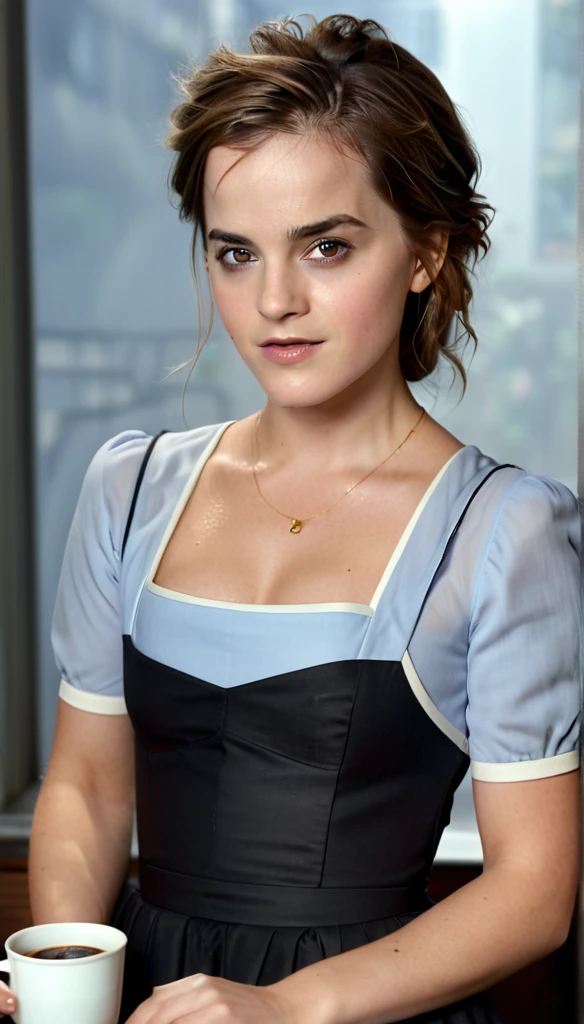 photorealistic woman, age 35, european,  brown dirty wavy hair, emma watson, german clinic  dress, holding steamy Coffee cup,raw photo cinematic material, masterpiece, wideview, high detailed,high quality 