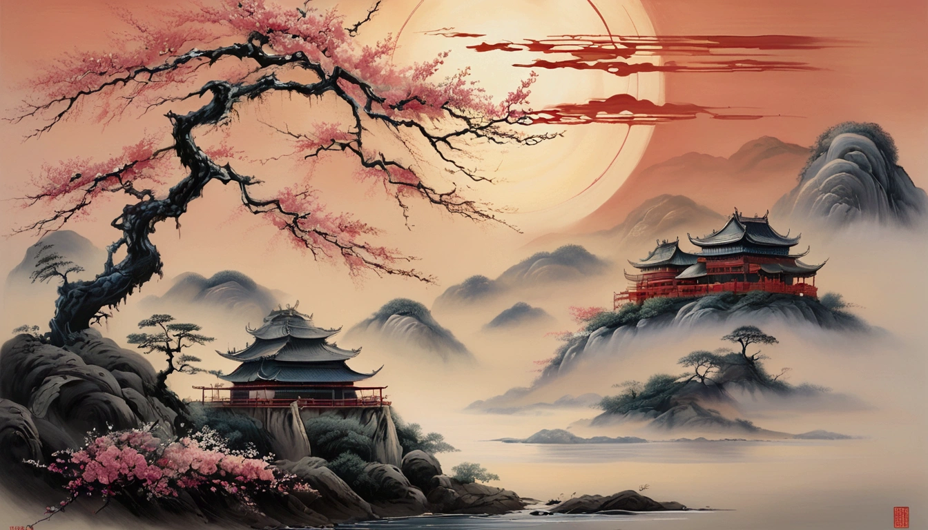 A scroll filled with poetic verses lays open, ink elegantly flowing to form characters that speak of timeless love. The soft lighting casts gentle shadows, emphasizing the beauty of the written word. Surrounding the scroll, the natural elements blend effortlessly, highlighting the harmony between art and nature. A dreamy, romantic visual journey capturing the elegance and passion of ancient Chinese aesthetics. The visuals include delicate brush strokes reminiscent of traditional ink paintings, intricately detailed flowers, and serene landscapes drenched in gentle rain and mist. The atmosphere exudes deep emotions of longing, love, and unrestrained artistic expressions, with a harmonious blend of bold and graceful movements.