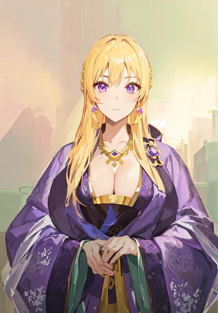 Wearing a purple robe、Cartoon image of a woman holding a bowl, ((Beautiful fantasy queen)), Produced in collaboration with Anime Painter Studio, Anime Goddess, Portrait of the Knights of the Zodiac, (Wearing noble robes)), Anime style like fate/overnight, Beautiful fantasy queen, In the anime painter studio，Three Kingdoms，Three Kingdoms志，Chinese style，antiquity，Hanfu，，巨big乳房，Good shape，Royal sister，Purple Eyes，Celluloid，big，Full figure，Noble