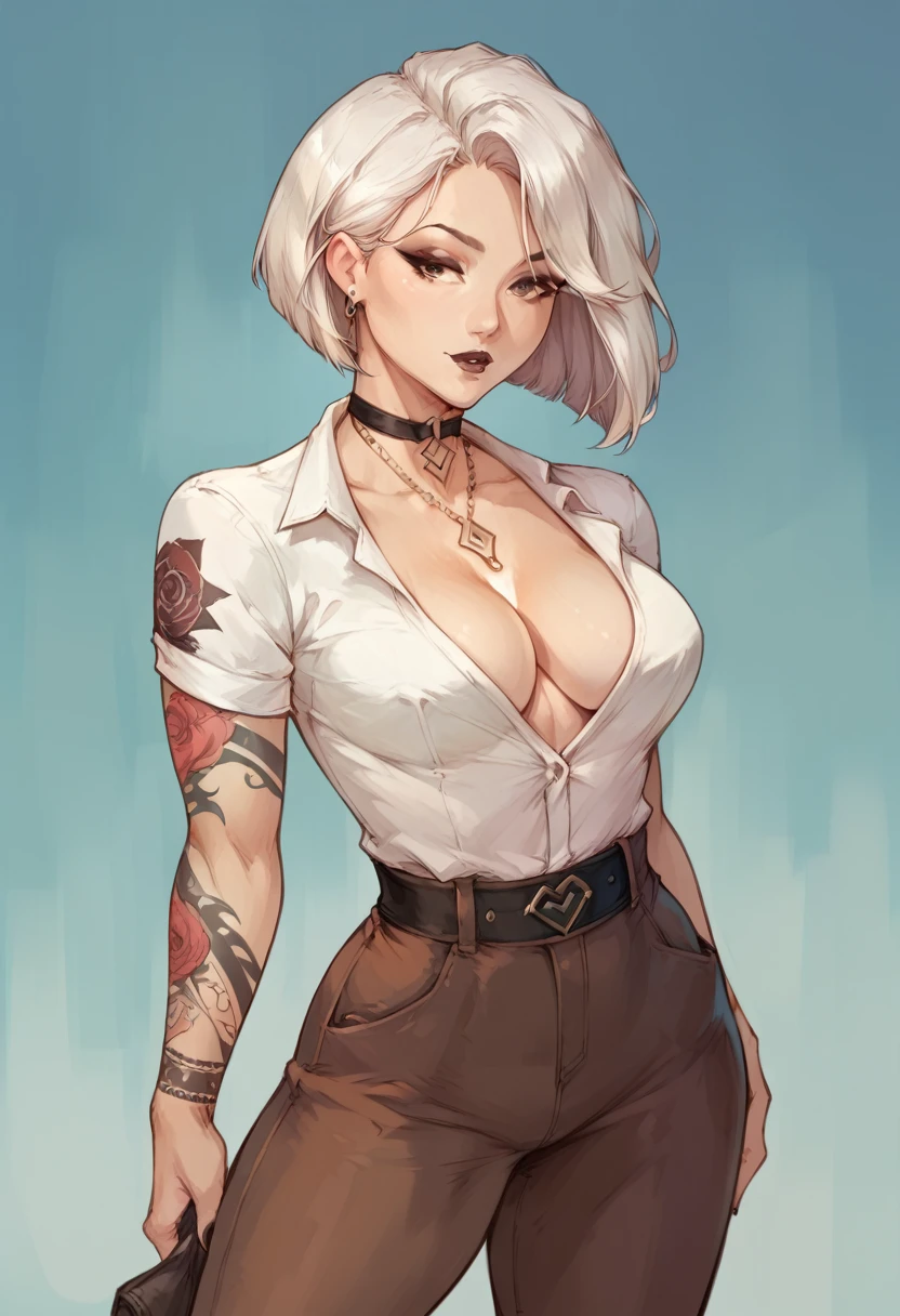 score_9, score_8_up, score_7_up, score_6_up, score_5_up, score_4_up, BREAK best aesthetic, artstation, solo, 1girl, Asian female, cowgirl outfit, cleavage, white shirt, brown pants, tattoos, bob cut, white hair, black lipstick, lovely, masterpiece.
