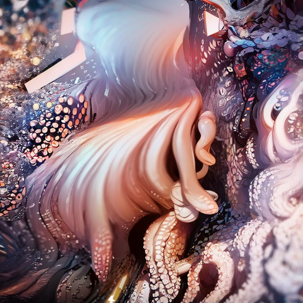 The Italian actress Mónica Belluci semi-naked and surrounded by hundreds of giant white tentacles