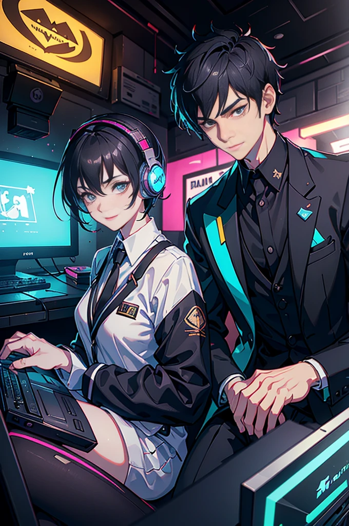 Highly detailed 16K portrait: young man with black hair and strong jawline in a school blazer, opposite a girl with a grey pixie cut and flirty smile in an internet cafe. Both wear gaming headphones, neon-lit controllers. Intricate, dynamic, wide-angle, HDR, Artstation.