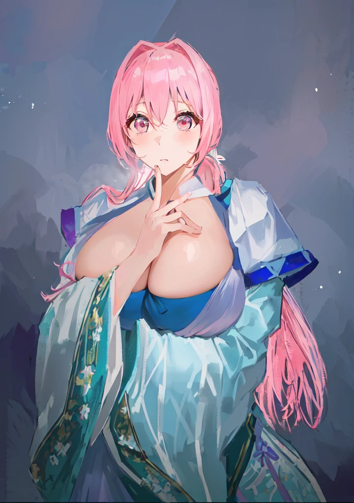 Pink Hair、Anime girl in blue dress poses for photo, Pink ponytail头发和粉色眼眸, Produced in collaboration with Anime Painter Studio, In the anime painter studio, ,  Sonison，超级Sonison，Celluloid，Three Kingdoms，Chinese style，antiquity，Hanfu，，Huge Breasts，Good shape，Pink ponytail，Pink long hair，Costume，包不住的Huge Breasts，Cute girl，Noble