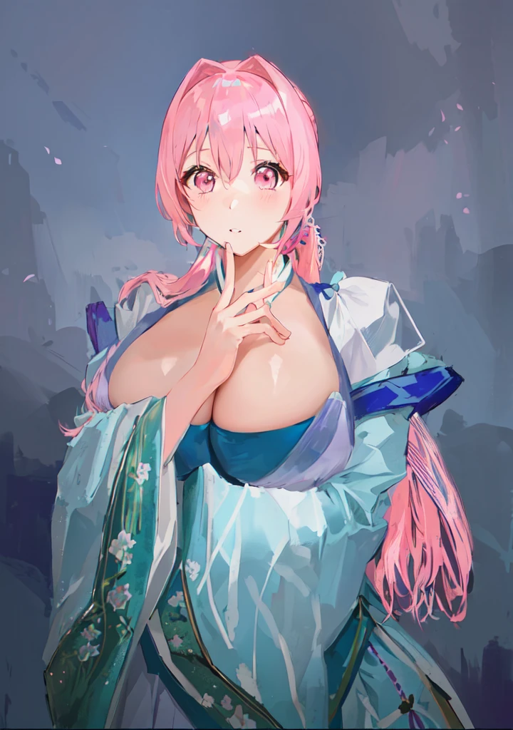 Pink Hair、Anime girl in blue dress poses for photo, Pink ponytail头发和粉色眼眸, Produced in collaboration with Anime Painter Studio, In the anime painter studio, , Sonison,超级Sonison,Celluloid,Three Kingdoms,Chinese style,antiquity,Hanfu,,Huge Breasts,Good shape,Pink ponytail,Pink long hair,Costume,包不住的Huge Breasts,Cute girl,Noble