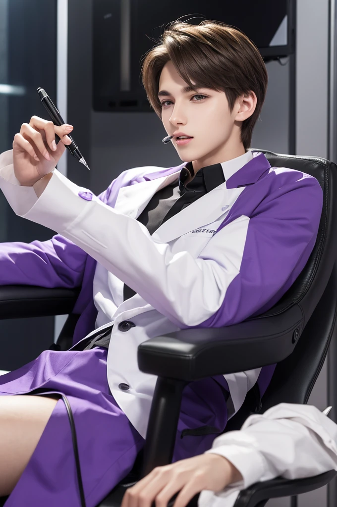 Refreshing young man
Beautiful young man
20 years old
slender
Brown hair
Purple eyes
Cyber Laboratory
Dark near-future lab
White lab coat
Chewing a pen
Biting a ballpoint pen with teeth
Thinking
Turn your body to the right
right side
Sit down
Plush black chair
hair down in front of head