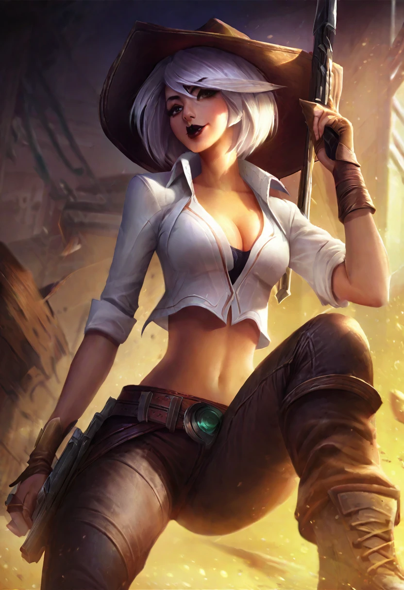 score_9, score_8_up, score_7_up, score_6_up, score_5_up, score_4_up, BREAK lolsplashart, league of legend, solo, 1girl, Asian female, cowgirl outfit, cleavage, white shirt, brown pants, tattoos, bob cut, white hair, black lipstick, lovely, masterpiece.