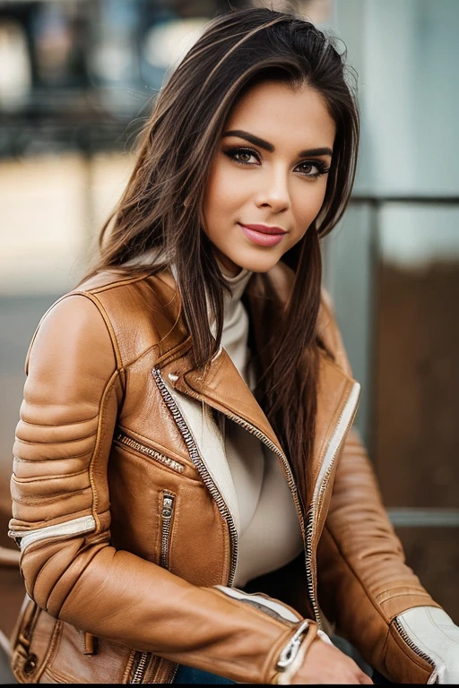 ((best quality)), ((masterpiece)), ((perfect face)), ((detailed motorcycle))、Realistic and clear photos、((A beautiful woman riding a motorcycle))、slender body、long legs、full body shot、smile、(((Beige long sleeve riding jacket and leather pants)))
