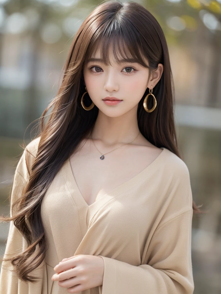 ((Highest quality, 8K, masterpiece:1.3)), concentrate: 1.2, Perfect body beauty: 1.4, Hips: 1.2, ((Long Hair, chest: 1.2)), (Dry clothes: 1.1) , (clear, Simple Background:1.3), Simple clothes: 1.1, Highly detailed face and skin texture,Delicate eyes, double eyelid, Whitened skin, Rough skin、Long Hair、Earrings with bangs、necklace、 solo、Beige coat、White shirt, (((Beautiful girl with cute Japan)))、 ((Beautiful Japanese girl 20 years old))、 ((Baby Face))、 (((Slender body)))、 Upper Body,Face focus、necklace,Simple Background,From above, Realistic Hair、 A photograph was taken:Canon EOS R6、135mm、1/1250 seconds、f2.8、ISO400、(Detailed explanation of the hand)、(Masseter muscle area)、(Exquisite CG)、Long Hair, loose and curly hair、Korean Hair、Long Hair明るいベージュ色、グラデーションハイライトグレージュのゆるふわLong Hairスタイル、