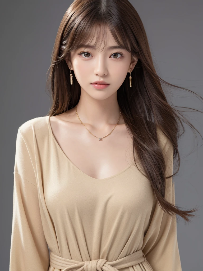 ((Highest quality, 8K, masterpiece:1.3)), concentrate: 1.2, Perfect body beauty: 1.4, Hips: 1.2, ((Long Hair, chest: 1.2)), (Dry clothes: 1.1) , (clear, Simple Background:1.3), Simple clothes: 1.1, Highly detailed face and skin texture,Delicate eyes, double eyelid, Whitened skin, Rough skin、Long Hair、Earrings with bangs、necklace、 solo、Beige coat、White shirt, (((Beautiful girl with cute Japan)))、 ((Beautiful Japanese girl 20 years old))、 ((Baby Face))、 (((Slender body)))、 Upper Body,Face focus、necklace,Simple Background,From above, Realistic Hair、 A photograph was taken:Canon EOS R6、135mm、1/1250 seconds、f2.8、ISO400、(Detailed explanation of the hand)、(Masseter muscle area)、(Exquisite CG)、Long Hair, loose and curly hair、Korean Hair、Long Hair明るいベージュ色、グラデーションハイライトグレージュのゆるふわLong Hairスタイル、