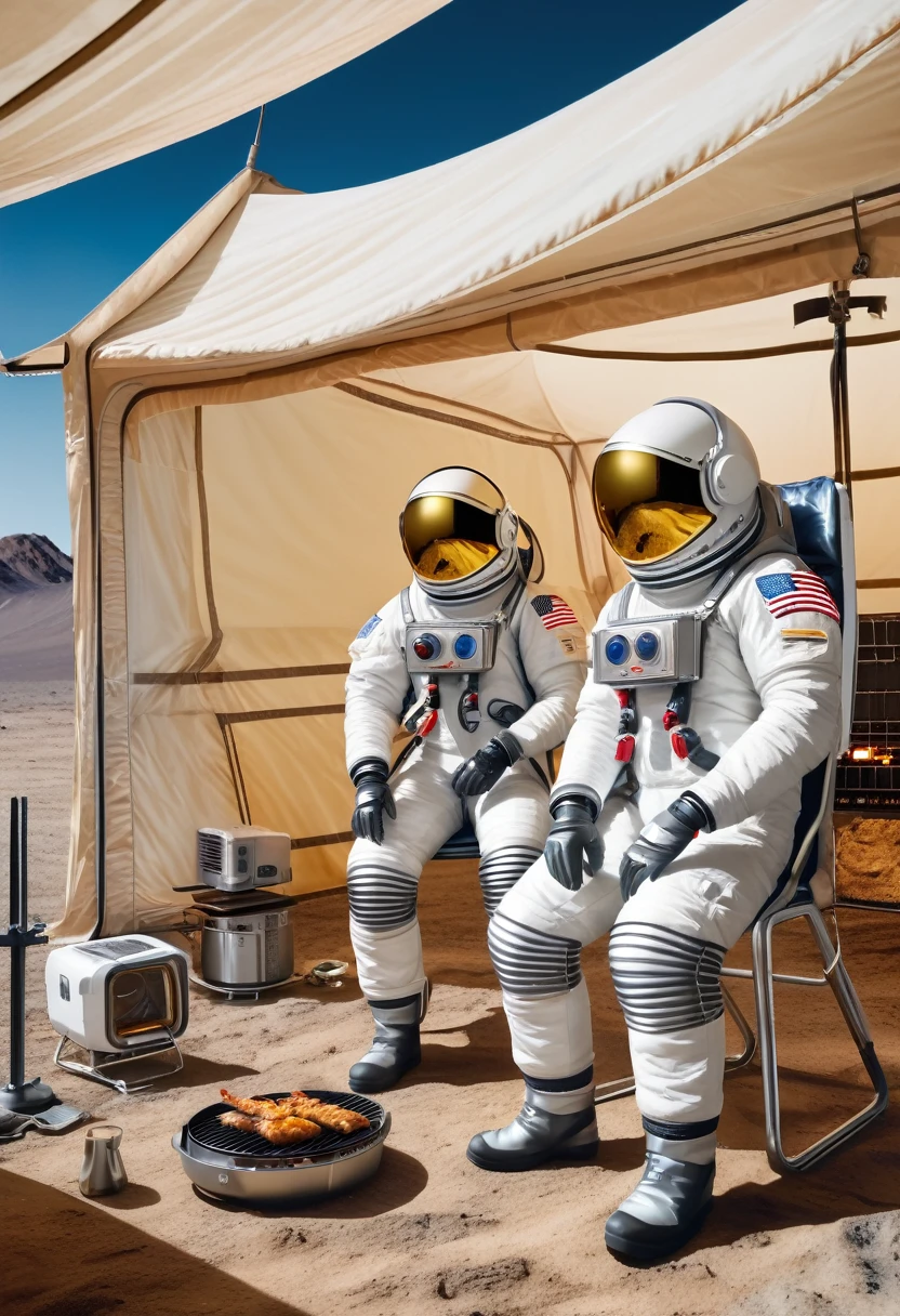 Two astronauts wearing space suits are sitting on chairs on moon surface. They have taken off their helmets, revealing their faces, and are holding BBQ forks while grilling chicken wings. They are inside a giant transparent tent, which is part of the moon base. There is a giant air conditioner to regulate the temperature for them. The air conditioner clearly displays the brand as Mitsubishi Heavy Industries, in ultra-clear, detailed, photorealistic, masterpiece quality, RAW, 16k.