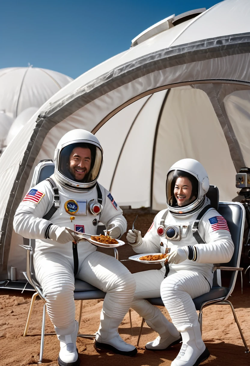 Two astronauts wearing space suits are sitting on chairs on moon surface. They have taken off their helmets, revealing their faces, and are holding BBQ forks while grilling chicken wings. They are inside a giant transparent tent, which is part of the moon base. There is a giant air conditioner to regulate the temperature for them. The air conditioner clearly displays the brand as Mitsubishi Heavy Industries, in ultra-clear, detailed, photorealistic, masterpiece quality, RAW, 16k.