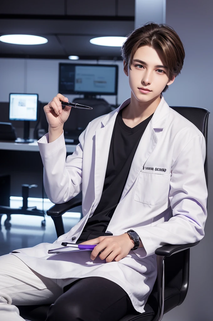 Refreshing young man
Beautiful young man
20 years old
slender
Brown hair
Purple eyes
Cyber Laboratory
Dark near-future lab
White lab coat
Chewing a pen
Biting a ballpoint pen with teeth
Thinking
Turn your body to the right
right side
Sit down
Plush black chair
hair down in front of head