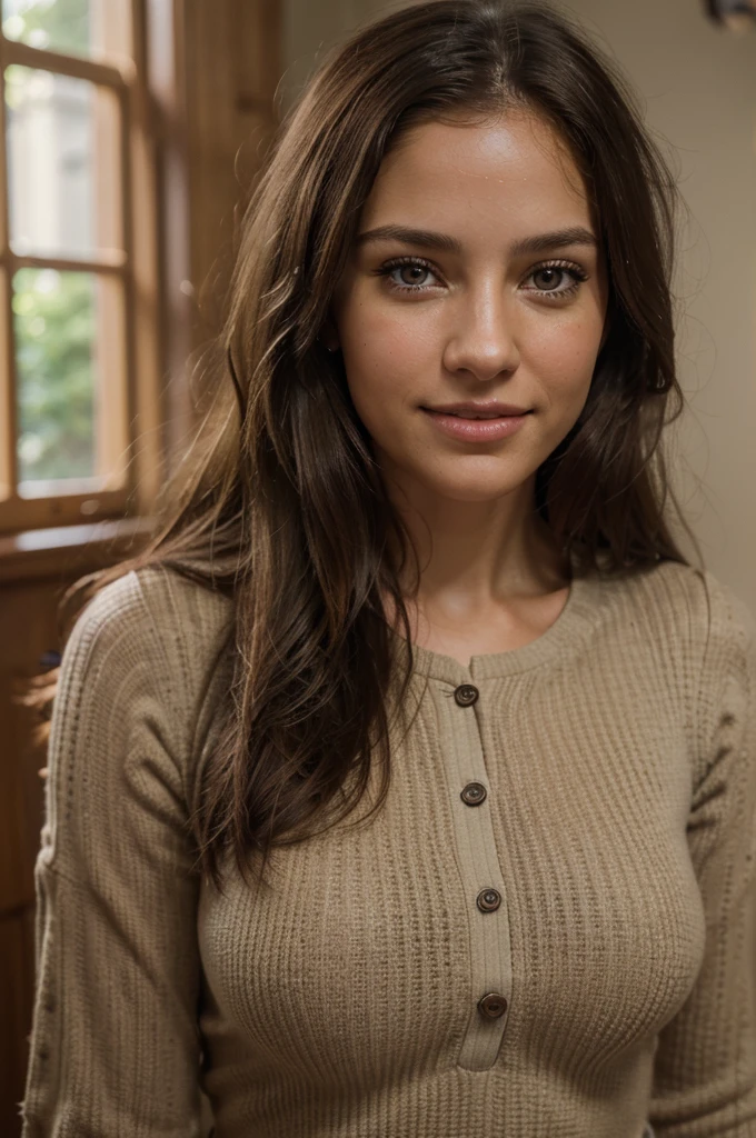 cute beautiful caucasian brunette ,full body, perfect angle, very detailed, 32 years old, flirty face, messy long hair, brown eyes, high-res, masterpiece, best quality, intricate details, highly detailed, sharp focus, detailed skin, realistic skin texture,texture, detailed eyes, professional, 4k, smile, shot on Canon, 85mm, shallow depth of field, kodak vision color, extremely detailed, photo_\(ultra\), photorealistic, realistic, post-processing, max detail, roughness, real life, ultra realistic, photorealism, photography, 8k uhd, photography
