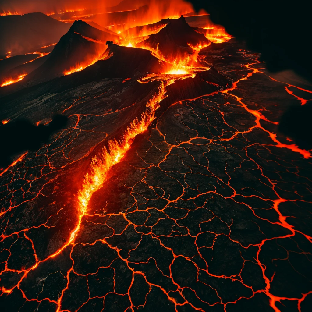 Illustrate a vision of hell from a human's eye-level viewpoint. Flames leap and twist, creating a chaotic blend of reds, oranges, and blacks. The ground is charred and fragmented, with rivers of lava cutting through. Tormented souls are visible, adding to the macabre scene. The background features ominous, crumbling ruins and a landscape of jagged rocks under a sky filled with ash and smoke.