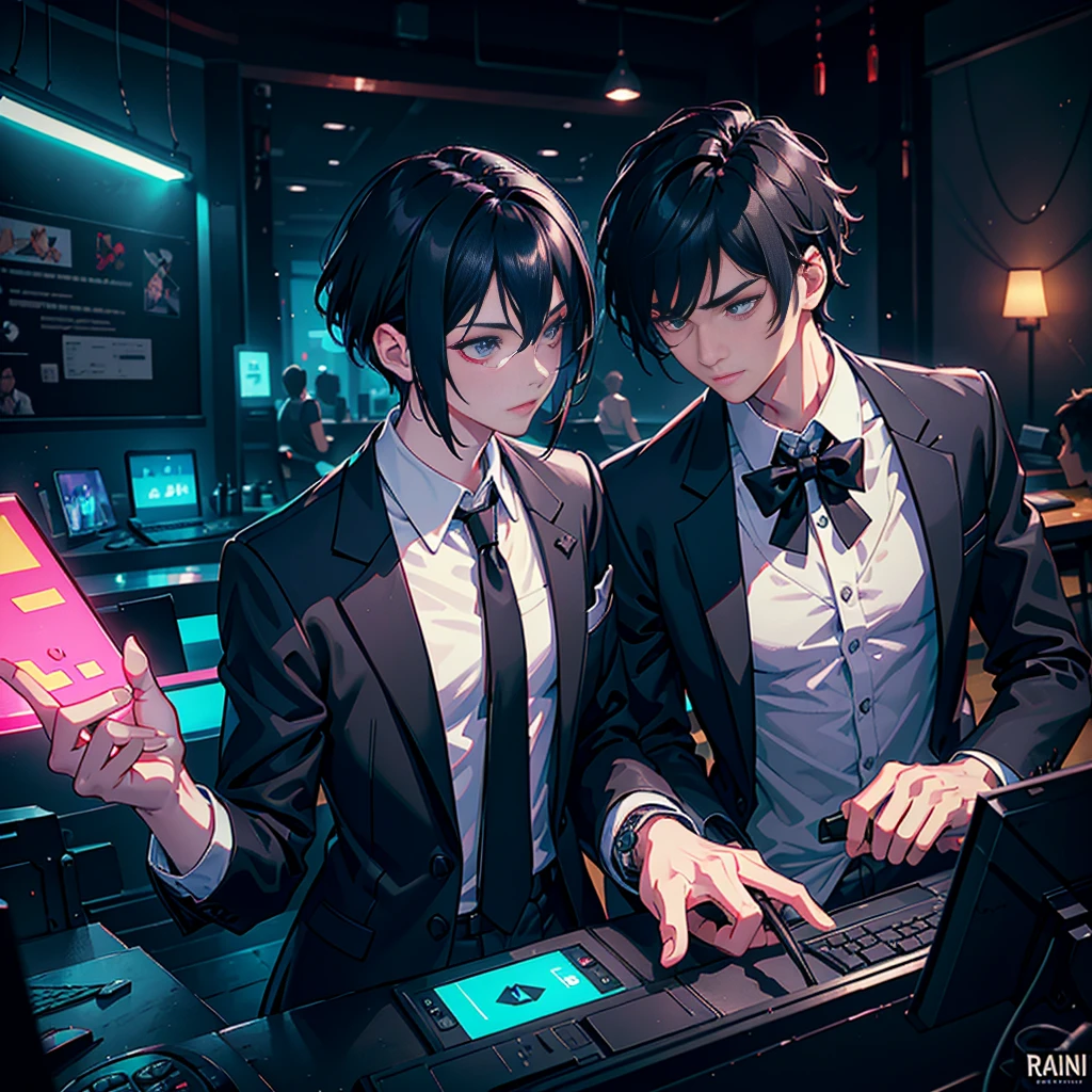 Digital painting: 20-year-old black-haired guy with a strong jawline in a , opposite a flirty girl with a grey pixie cut in a school blazer. Both in a gaming cafe with neon-lit controllers. Detailed, dynamic, wide-angle, HDR, Artstation.