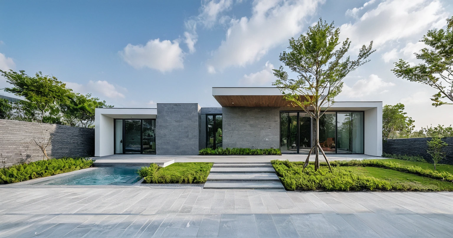 Masterpiece, high quality, best quality, authentic, super detail, outdoors, onestoreyvillaXL, aiaigroup, Raw photo, modern townhouse style, (white wall), curved wall facade, aluminum interior door glass, swimming pool, gray tiled accent wall, wooden sidewalk, grass, trees, sky, clouds, (daylight):1.1)