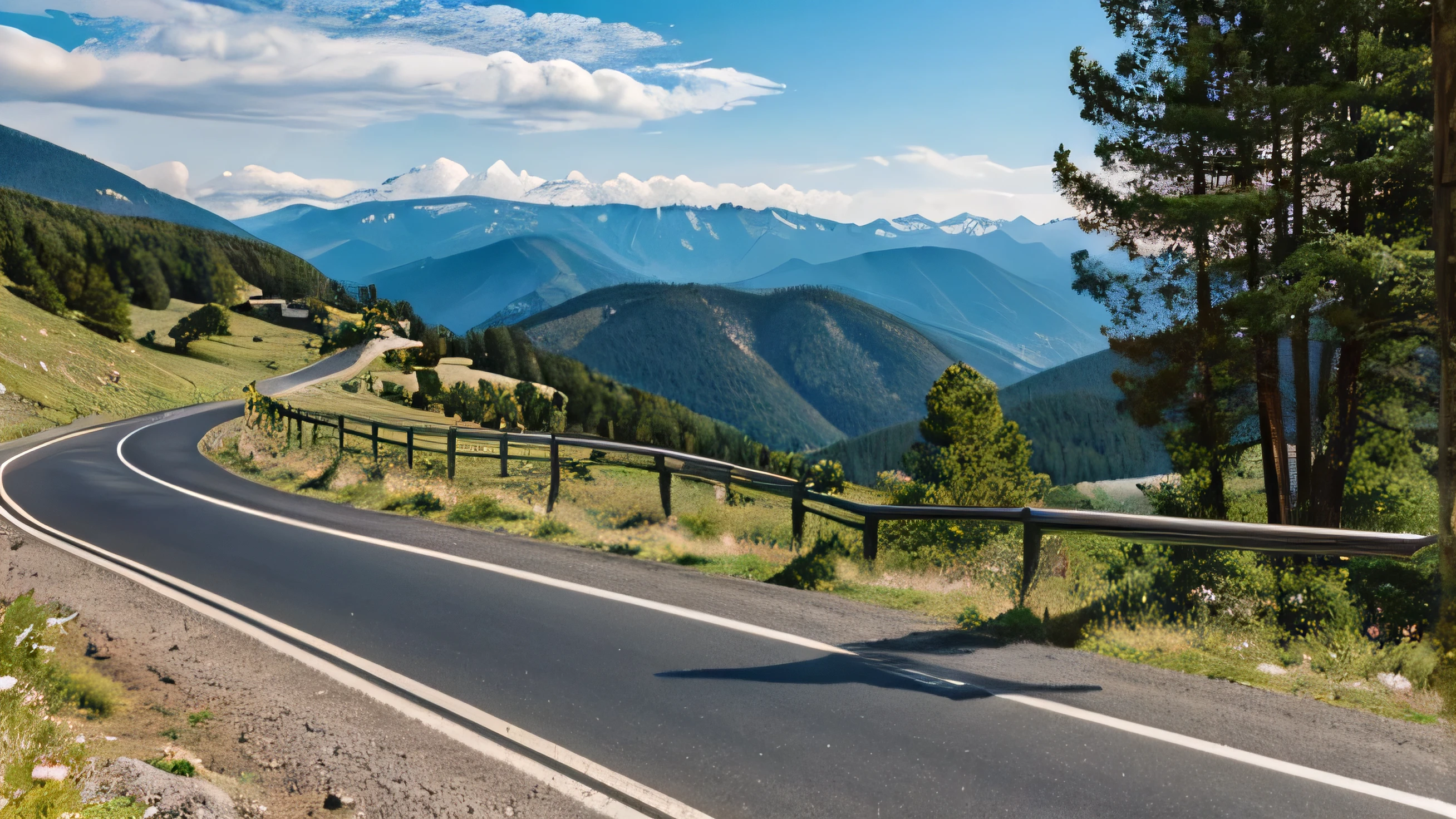 Road on the mountain with steel railings, mountains and forests in the background, best quality, sun shining, blue sky, grassy field, left-side view, panoramic view, horizontal view, 3d view, road is facing left, left view, side view, sideways view of the road, road in straight line, front view of mountains