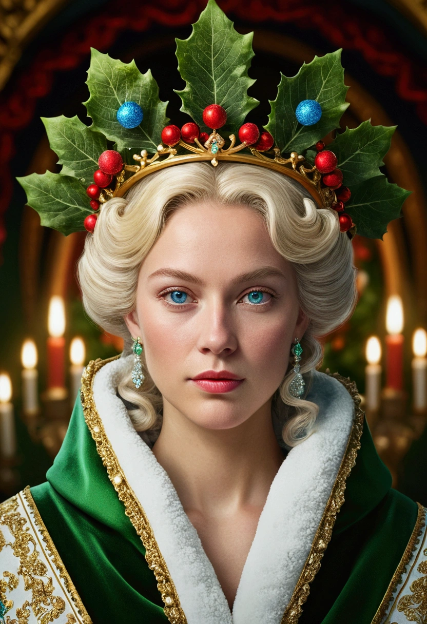 Beautiful portrait of queen, Blonde hair, Perfect blue eyes, brilliant, impossible striking big Christmas headpiece, Clothes Santa Claus Robe, Everything Christmas, snow, symmetry, Drama Studio Lighting, Rococo, Baroque, Green vegetables, Asia, Surrealism, close up, morality&morality, fantasy, complex, elegant, Very detailed, Digital Painting, Art Station, Octane Rendering, 8K, Concept Art, Matte, Clear focus