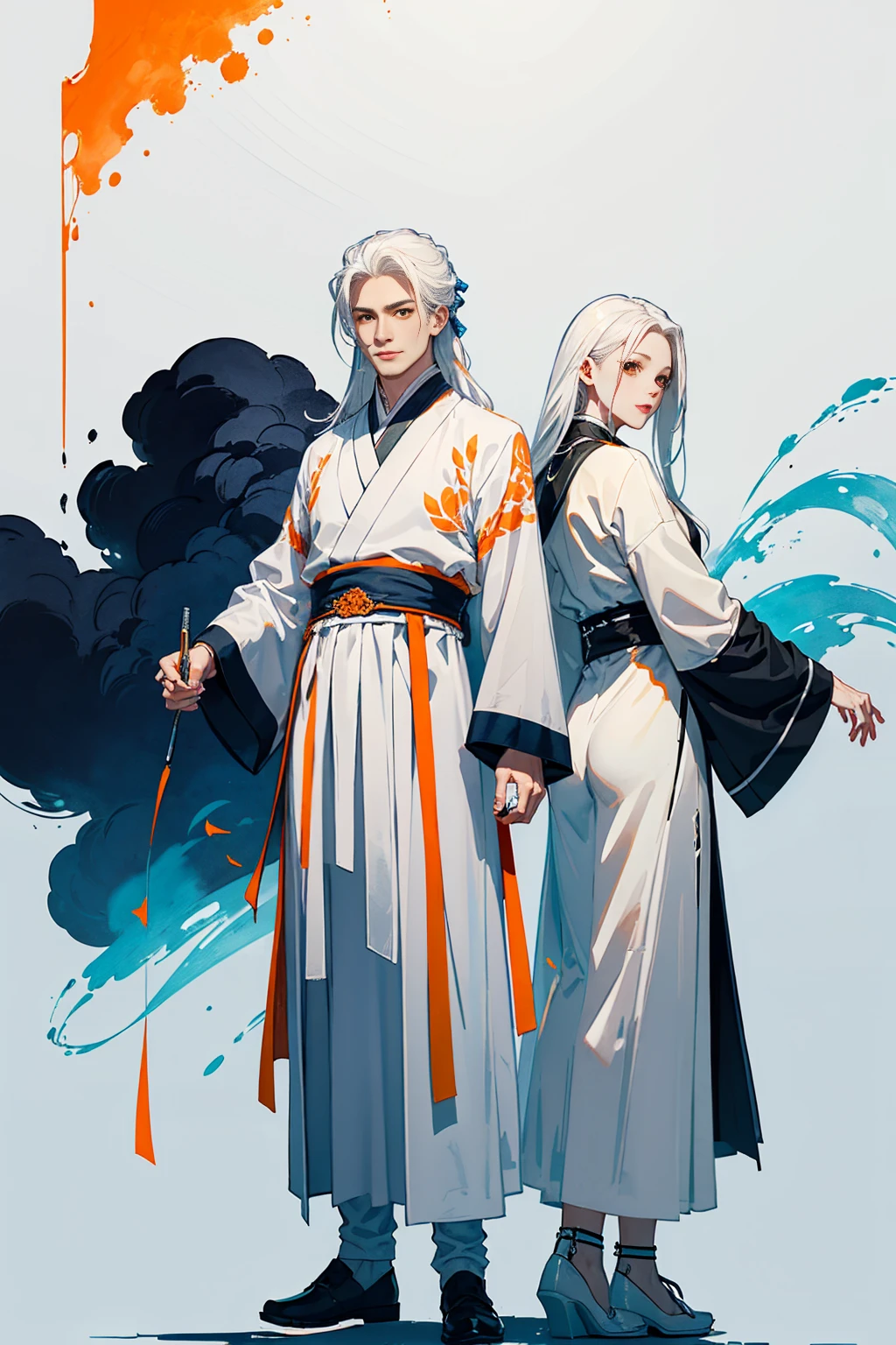 high quality , one white hair girl and one white hair boy, long hair, wuxia character, ((white clothes with blue and orange accent)), ink painting background, flat background, minimalist background, wind pattern background, smiling, standing back to back