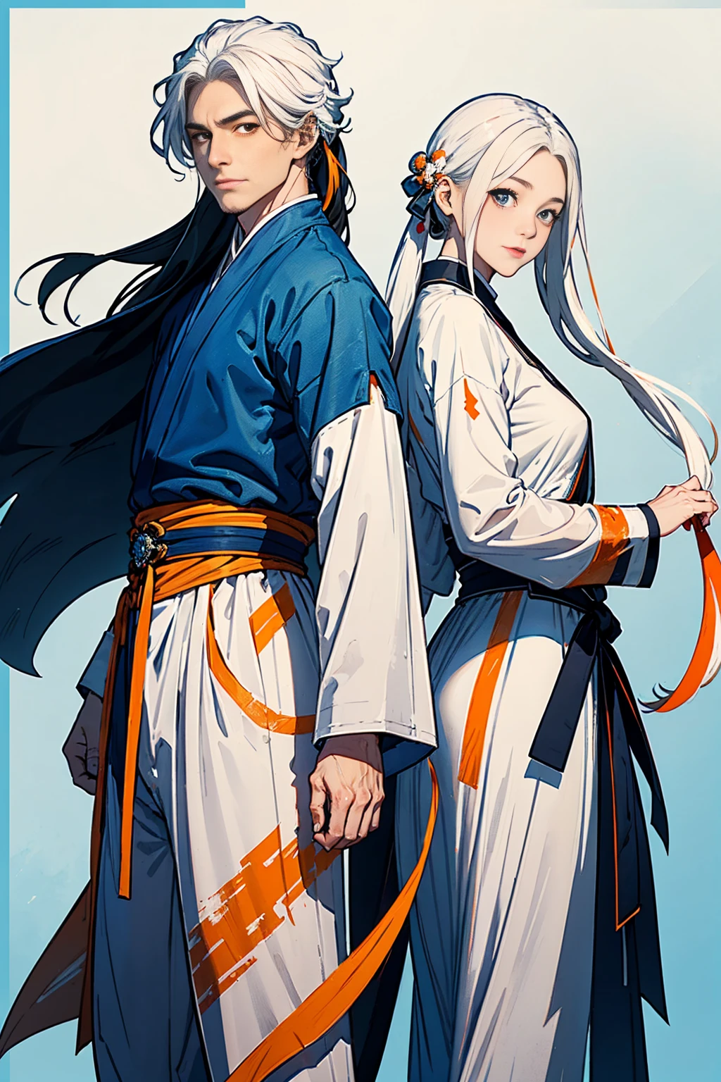 high quality , one white hair girl and one white hair boy, long hair, wuxia character, ((white clothes with blue and orange accent)), ink painting background, flat background, minimalist background, wind pattern background, smiling, standing back to back