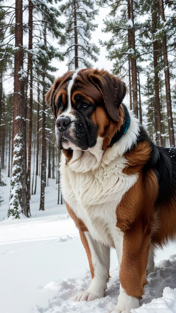 Saint Bernard in a snowy, forest or mountain scene.