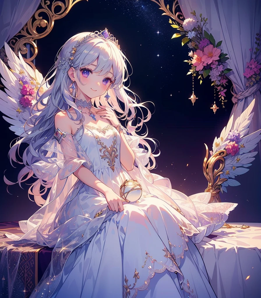 (Highest quality, masterpiece, Very detailedな, Very detailed, Exquisite, 16K,Full HD),A little closer,Golden Ratio,Dramatic lighting,pastel colour,Soft lighting, ((alone:1.5)),full moon,Starry Sky,meteor群,meteor,((head shot,Photo from the shoulders up)),(princess, Purple eyes, Long eyelashes,White skin,slim,pale pink plump lips,Pale pink cheeks, The wind is blowing,White fluffy hair,thin and long,(thin and high nose,Small Nose,Silver decoration,Diamond Tiara,Diamond Earrings,Diamond Earrings,Diamond Choker,(silver ball gown dress:1.1), Silver lace and frills,(smile:1.2), (Fantasy, Romantic atmosphere), Magic Light,ice magic,