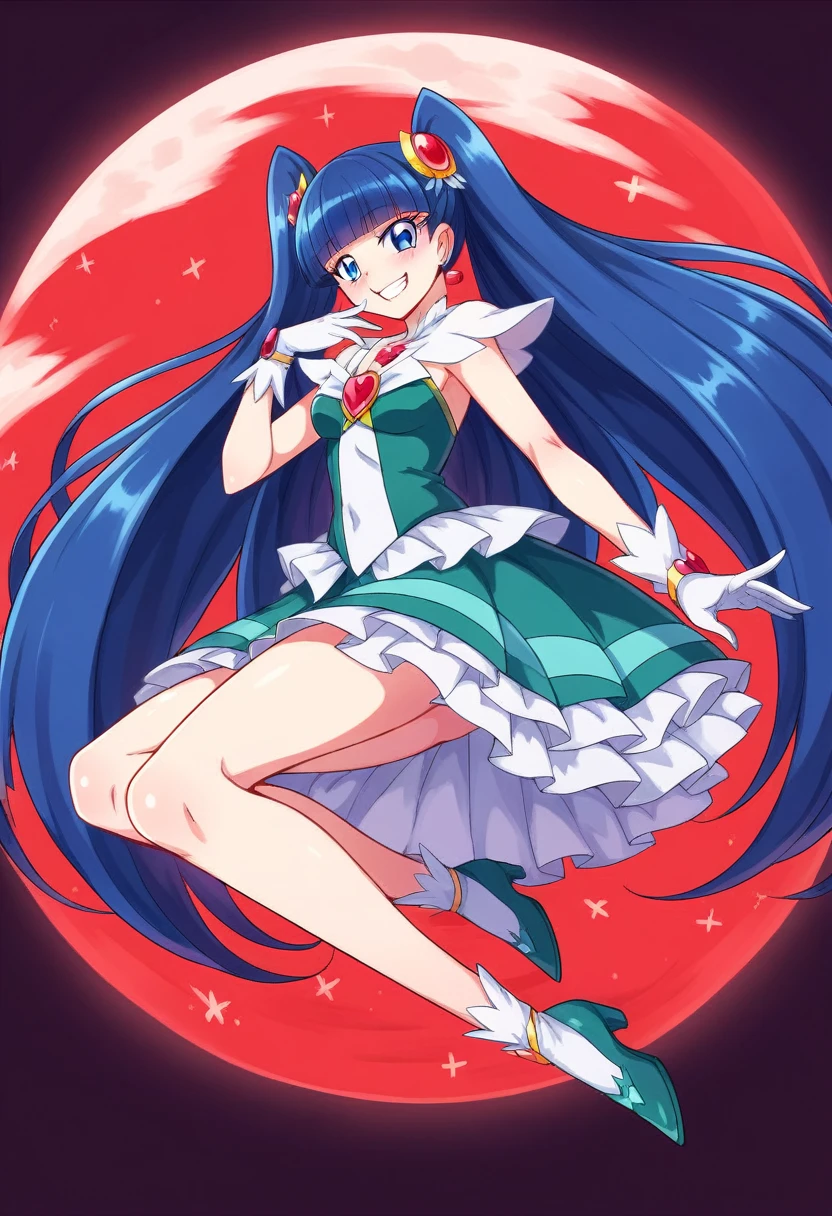 Highest quality, Very detailed,One Girl, alone, {cure_null_hirogarunullprecure:1.15}, Dark blue hair, blue eyes, Blue flames in the eyes, Long Hair, Twin tails, Magical girl, bangs, Open your mouth, Redhead, multicoloRedhead, One Girl, blunt bangs, Darken your clothes, hair ornaments, Wicked Smile, devilish aura (Shiny fabric:1.5), Full Body Shot, Purple Gemstone, attractive, blush, (Beautiful attention to detail:1.6), Very detailed顔, Perfect lighting, Extremely detailed CG, (Perfect hands, Perfect Anatomy), devil, Red and black color scheme, Shiny material, Grin, blackリボン, blackのサテン手袋, Evil clover leaf ornament, blackのフリル, jewelry, corruption, Latex Gloss, blackのゴシックマント, Wicked Smile, 背景を暗blackの世界, Red Moon, cloudy null, CG Style, One-sided black wing,Dark shadowed face,Sadistic smile,Malice,Contempt,smile,black