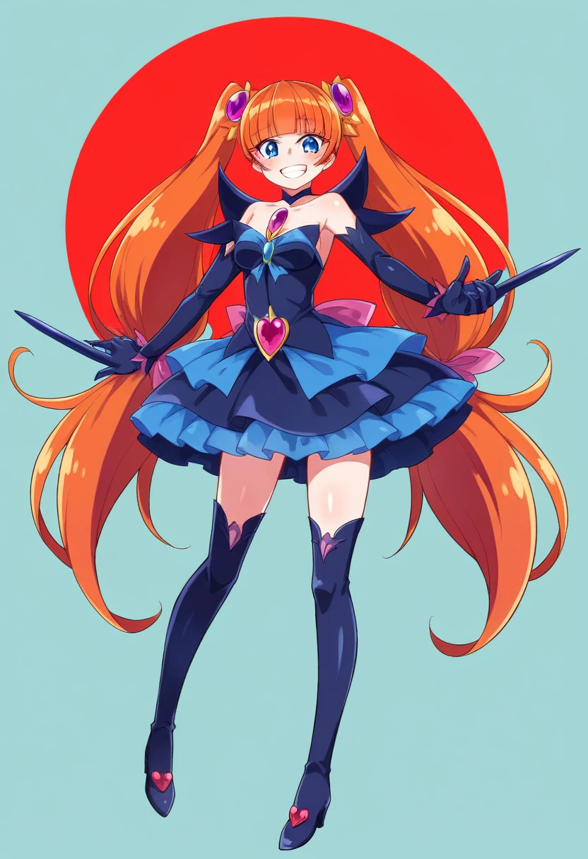 Highest quality, Very detailed,One Girl, alone, {cure_null_hirogarunullprecure:1.15}, Dark blue hair, blue eyes, Blue flames in the eyes, Long Hair, Twin tails, Magical girl, bangs, Open your mouth, Redhead, multicoloRedhead, One Girl, blunt bangs, Darken your clothes, hair ornaments, Wicked Smile, devilish aura (Shiny fabric:1.5), Full Body Shot, Purple Gemstone, attractive, blush, (Beautiful attention to detail:1.6), Very detailed顔, Perfect lighting, Extremely detailed CG, (Perfect hands, Perfect Anatomy), devil, Red and black color scheme, Shiny material, Grin, blackリボン, blackのサテン手袋, Evil clover leaf ornament, blackのフリル, jewelry, corruption, Latex Gloss, blackのゴシックマント, Wicked Smile, 背景を暗blackの世界, Red Moon, cloudy null, CG Style, One-sided black wing,Dark shadowed face,Sadistic smile,Malice,Contempt,smile,black