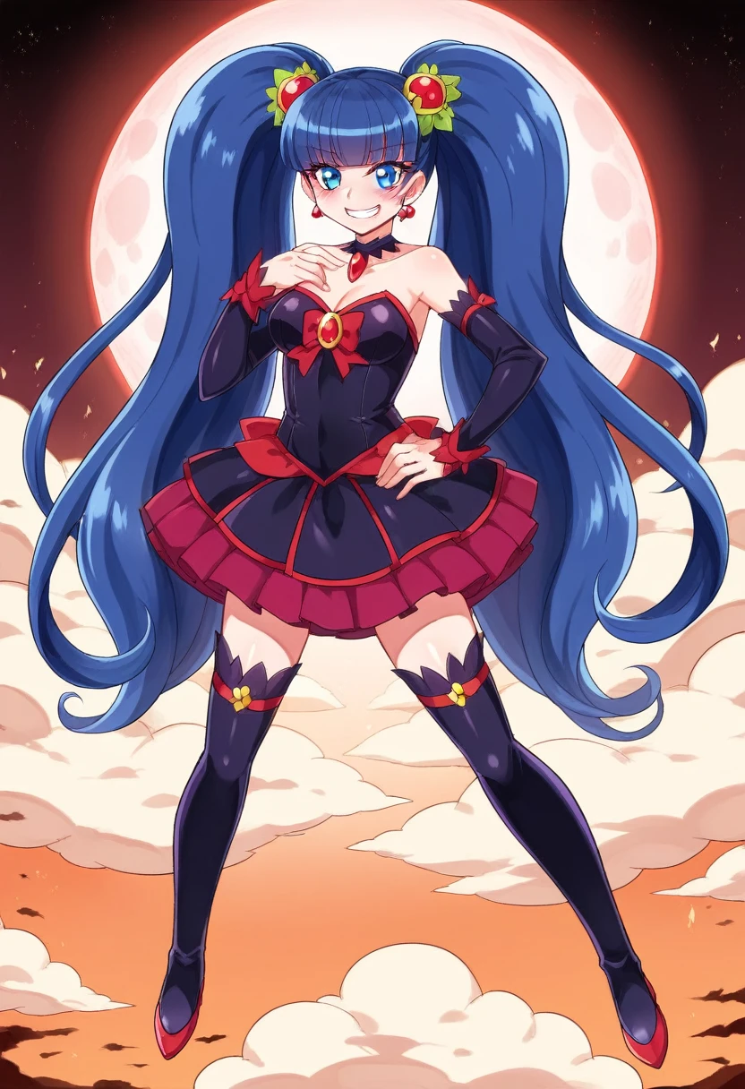 Highest quality, Very detailed,One Girl, alone, {cure_null_hirogarunullprecure:1.15}, Dark blue hair, blue eyes, Blue flames in the eyes, Long Hair, Twin tails, Magical girl, bangs, Open your mouth, Redhead, multicoloRedhead, One Girl, blunt bangs, Darken your clothes, hair ornaments, Wicked Smile, devilish aura (Shiny fabric:1.5), Full Body Shot, Purple Gemstone, attractive, blush, (Beautiful attention to detail:1.6), Very detailed顔, Perfect lighting, Extremely detailed CG, (Perfect hands, Perfect Anatomy), devil, Red and black color scheme, Shiny material, Grin, blackリボン, blackのサテン手袋, Evil clover leaf ornament, blackのフリル, jewelry, corruption, Latex Gloss, blackのゴシックマント, Wicked Smile, 背景を暗blackの世界, Red Moon, cloudy null, CG Style, One-sided black wing,Dark shadowed face,Sadistic smile,Malice,Contempt,smile,black
