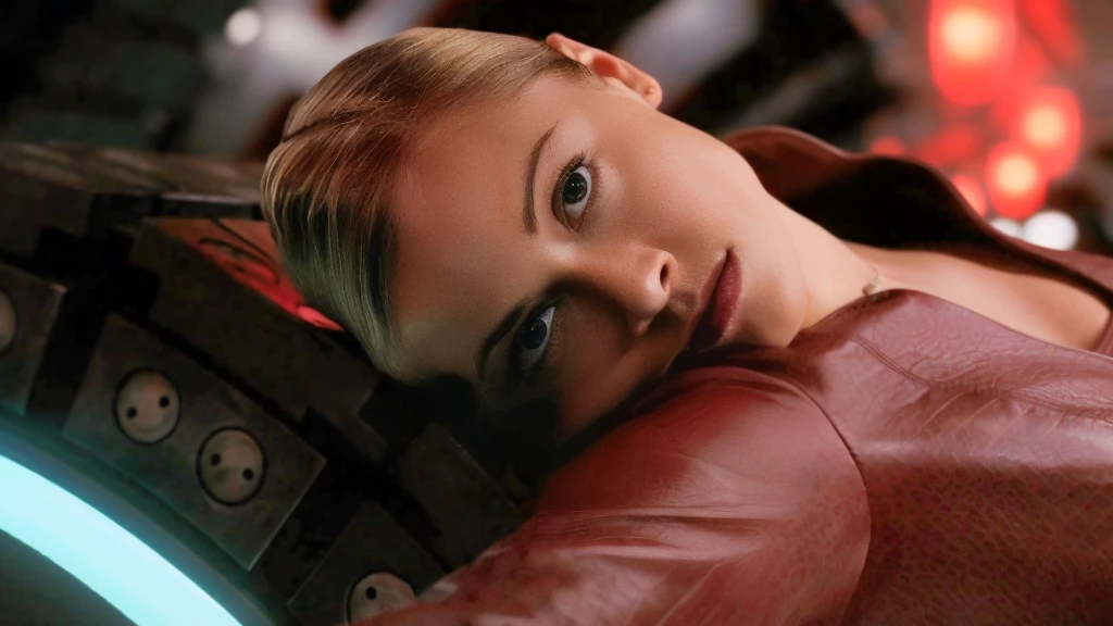 Mujer rubia con chaqueta de cuero roja apoyada en un tubo portrait de una mujer de ciencia ficción, portrait vfx muy detallado, Kristanna Loken, hyperrealistic film filmStill, closeup portrait, portrait vfx muy detallado of, portrait, portrait de la hermosa samus aran, portrait cinematográfico realista, Powerful woman sitting in space, matte painting portrait, close up photography