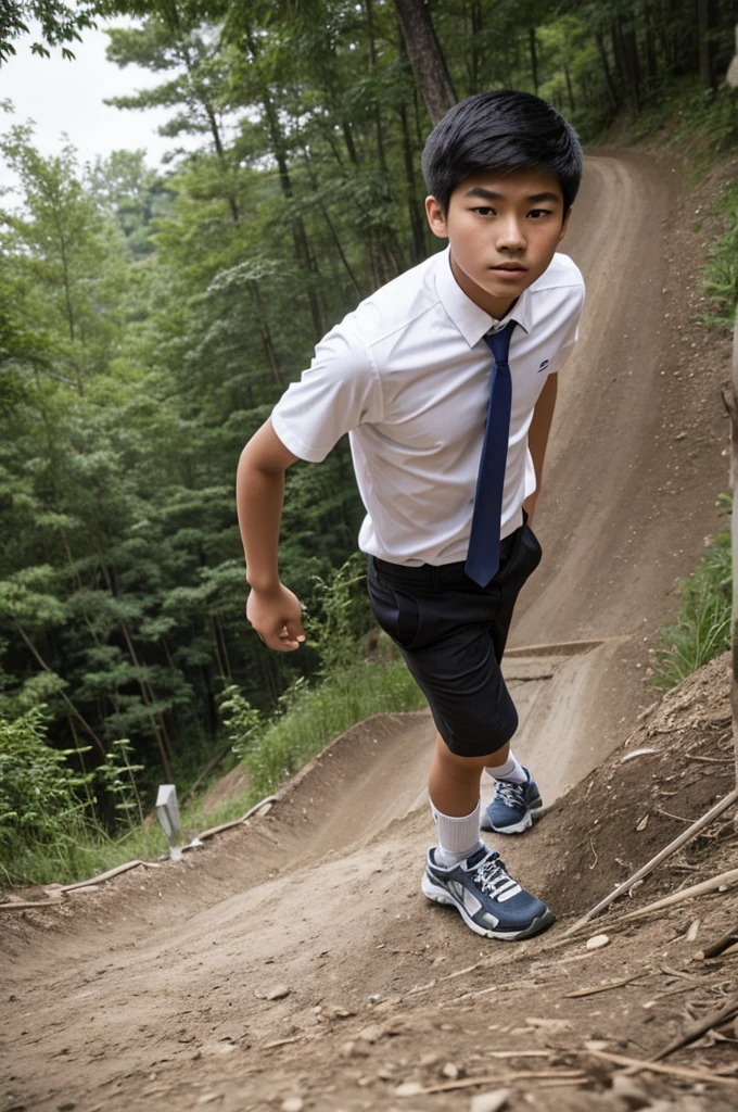 A teenage asian guy looking at the down hill wearing white shirt, picture taken behind the boy