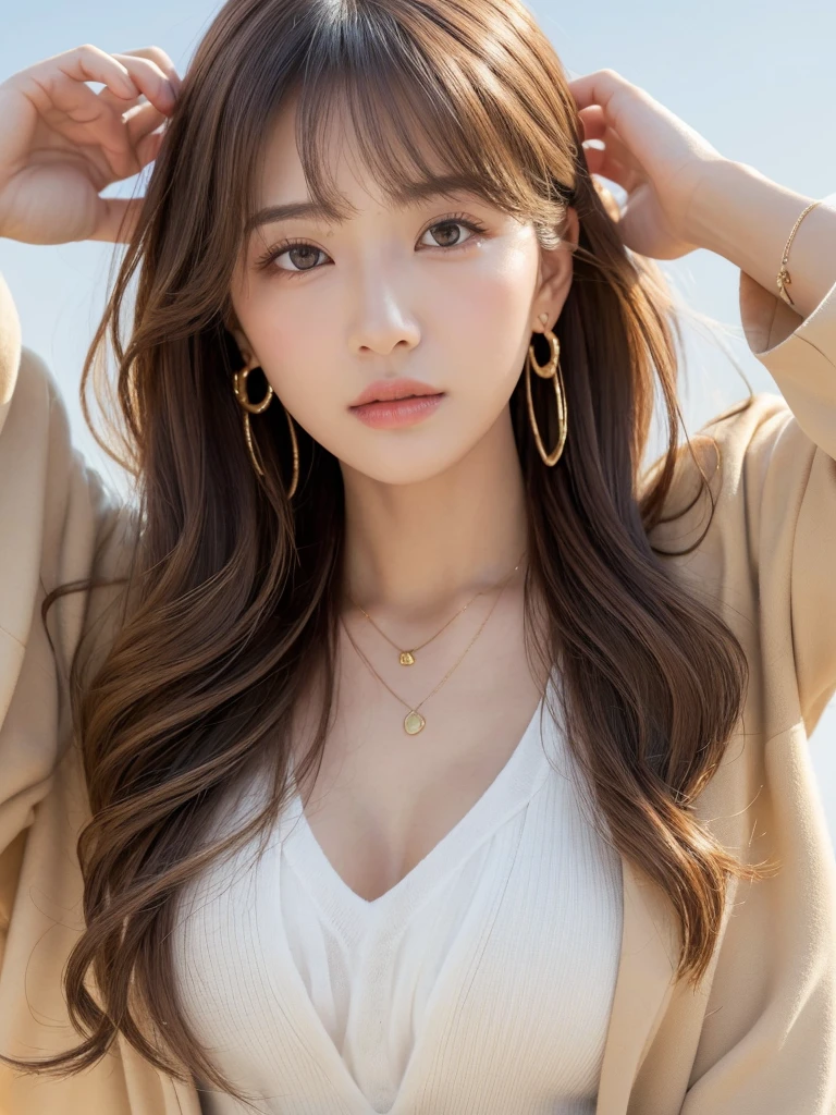 ((Highest quality, 8K, masterpiece:1.3)), concentrate: 1.2, Perfect body beauty: 1.4, Hips: 1.2, ((Long Hair, chest: 1.2)), (Dry clothes: 1.1) , (clear, Simple Background:1.3), Simple clothes: 1.1, Highly detailed face and skin texture,Delicate eyes, double eyelid, Whitened skin, Rough skin、Long Hair、Earrings with bangs、necklace、 solo、Beige coat、White shirt, (((Beautiful girl with cute Japan)))、 ((Beautiful Japanese girl 20 years old))、 ((Baby Face))、 (((Slender body)))、 Upper Body,Face focus、necklace,Simple Background,From above, Realistic Hair、 A photograph was taken:Canon EOS R6、135mm、1/1250 seconds、f2.8、ISO400、(Detailed explanation of the hand)、(Masseter muscle area)、(Exquisite CG)、Long Hair, loose and curly hair、Korean Hair、Long Hair明るいベージュ色、グラデーションハイライトグレージュのゆるふわLong Hairスタイル、