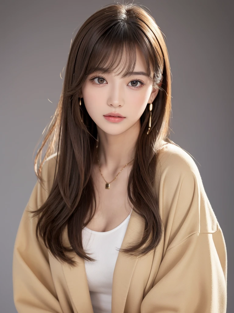  ((Highest quality, 8K, masterpiece:1.3)), concentrate: 1.2, Perfect body beauty: 1.4, Hips: 1.2, ((Long Hair, chest: 1.2)), (Dry clothes: 1.1) , (clear, Simple Background:1.3), Simple clothes: 1.1, Highly detailed face and skin texture,Delicate eyes, double eyelid, Whitened skin, Rough skin、Long Hair、Earrings with bangs、necklace、 solo、Beige coat、White shirt,  (((Beautiful girl with cute Japan)))、  ((Beautiful Japanese girl 20 years old))、 ((Baby Face))、 (((Slender body)))、  Upper Body，Face focus、necklace，Simple Background，From above， Realistic Hair、 A photograph was taken:Canon EOS R6、135mm、1/1250 seconds、f2.8、ISO400、(Detailed explanation of the hand)、(Masseter muscle area)、(Exquisite CG)、Long Hair, loose and curly hair、Korean Hair、Long Hair明るいベージュ色、グラデーションハイライトグレージュのゆるふわLong Hairスタイル、