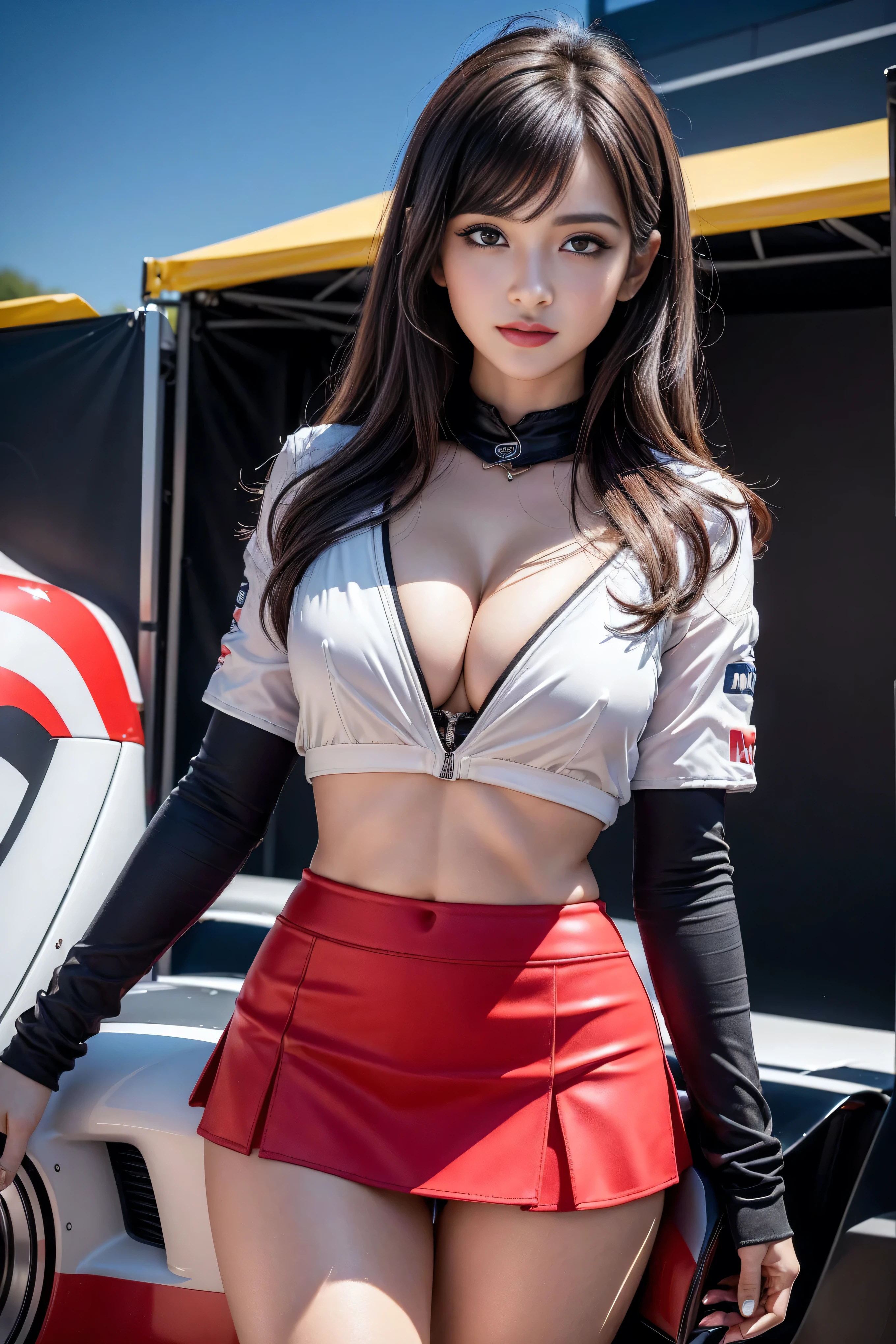 (masterpiece), ( MotoGP Racing Girls), (Eyeliner:0.5),(blush:0.5), Black Hair, A faint smile, Refers to a beautiful and delicate girl, Extremely detailed eyes and face, Beautiful and delicate eyes, , ((MOTOGP events)), (MotoGP track background), (best quality, high resolution, Reality, The original, 8K,masterpiece, ),(((Dynamic poses))),(((Midsection perspective))),(((Showing the underside of the chest ))),(((Red Mini Skirt Lift))),(((Bare inner thighs))),(((Formula One cars on display))), (Vibrant colors:1.2), (Beautifully),