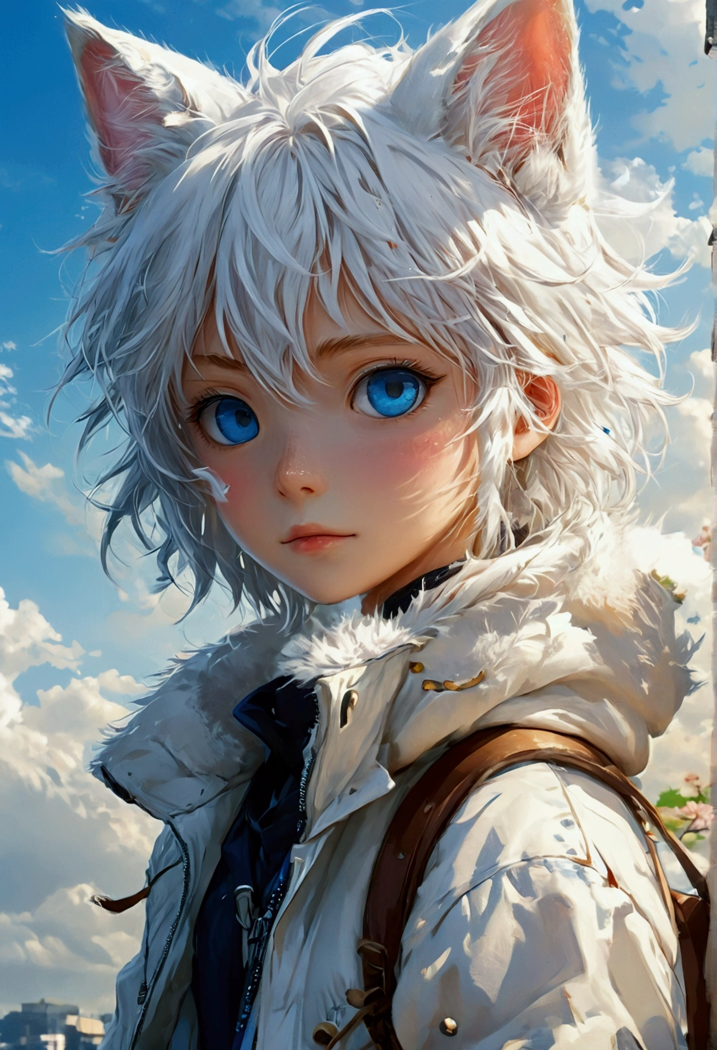 Japanese cartoons, A boy with white hair and blue eyes wearing a white jacket., tall Japanese cartoons guy with blue eyes, Japanese cartoons boy, Japanese cartoons girl with cat ears, detailed Japanese cartoons character art, Japanese cartoons character, cute Japanese cartoons catgirl, From Arknights, Japanese cartoons catgirl, key Japanese cartoons art, Japanese cartoons character art, clean detailed Japanese cartoons style, Japanese cartoons cat, clean detailed Japanese cartoons art
