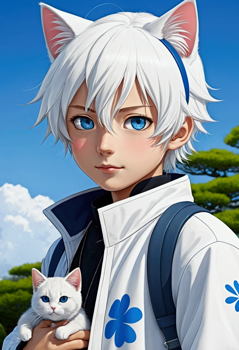 Japanese cartoons, A boy with white hair and blue eyes wearing a white jacket., tall Japanese cartoons guy with blue eyes, Japanese cartoons boy, Japanese cartoons girl with cat ears, detailed Japanese cartoons character art, Japanese cartoons character, cute Japanese cartoons catgirl, From Arknights, Japanese cartoons catgirl, key Japanese cartoons art, Japanese cartoons character art, clean detailed Japanese cartoons style, Japanese cartoons cat, clean detailed Japanese cartoons art