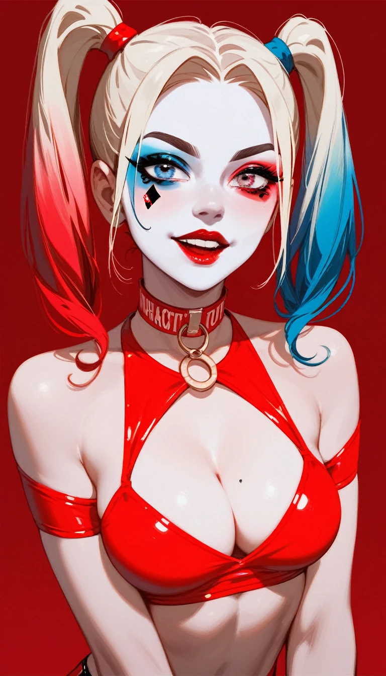 (Fraction_9,Fraction_8_Direction_7_up), ((1 woman))(Close shot),Harley Quinn,Double tail,Blue and red clothes,Hot Pants,,Heavy makeup,