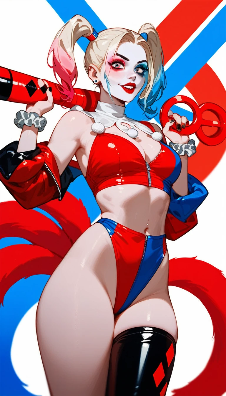 (Fraction_9,Fraction_8_Direction_7_up), （（1 woman））（Close shot），Harley Quinn，Double tail，Blue and red clothes，Hot Pants，，Heavy makeup，