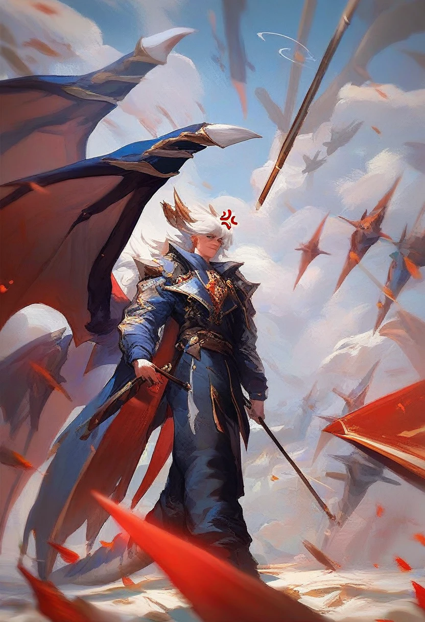 1 girl, missilesduras, missiles, wings, standing alone, shoulder missilesduras, Eyes red, walking sticks, White hair, gazing at viewer, power missilesduras, Mediovale, elsword, Dragon, anger