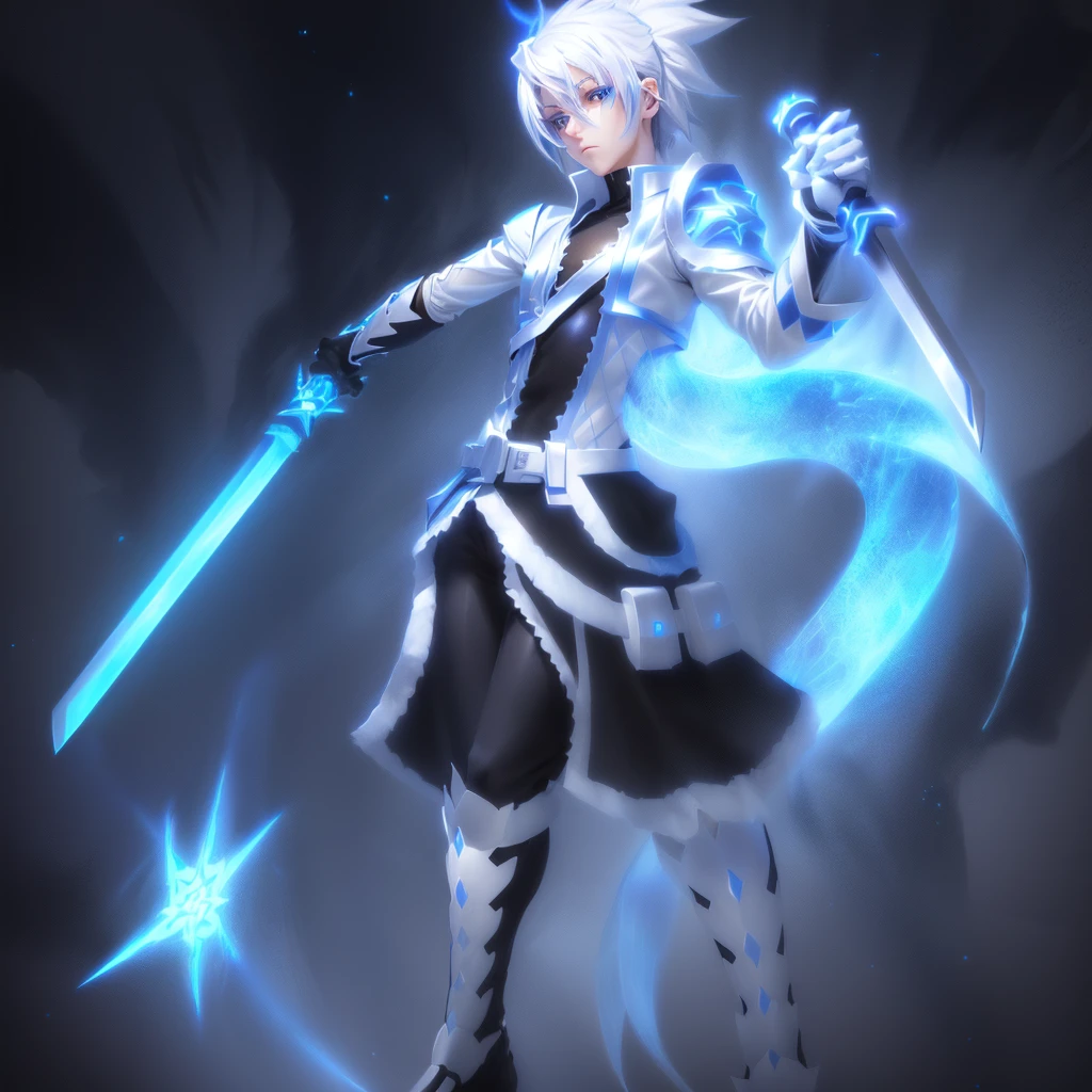 sketches of a drawing of a androgynous young boy with 2 swords, Kilua from hunter x hunter, an anime drawing, detailed fanart, hero 2d fanart artsation, ( ( character concept art ) ), anime drawing, game art!!, with out shading, anime shading), dramatic wielding sword pose, anime shading, white hair, glowing blue eyes, pale skin, black and blue clothing, metallic accents