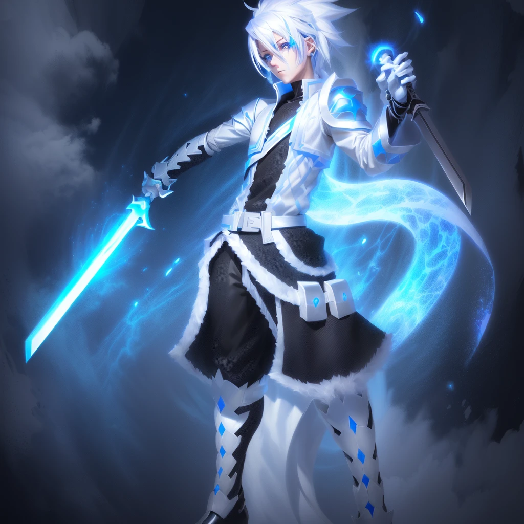 sketches of a drawing of a androgynous young boy with 2 swords, Kilua from hunter x hunter, an anime drawing, detailed fanart, hero 2d fanart artsation, ( ( character concept art ) ), anime drawing, game art!!, with out shading, anime shading), dramatic wielding sword pose, anime shading, white hair, glowing blue eyes, pale skin, black and blue clothing, metallic accents