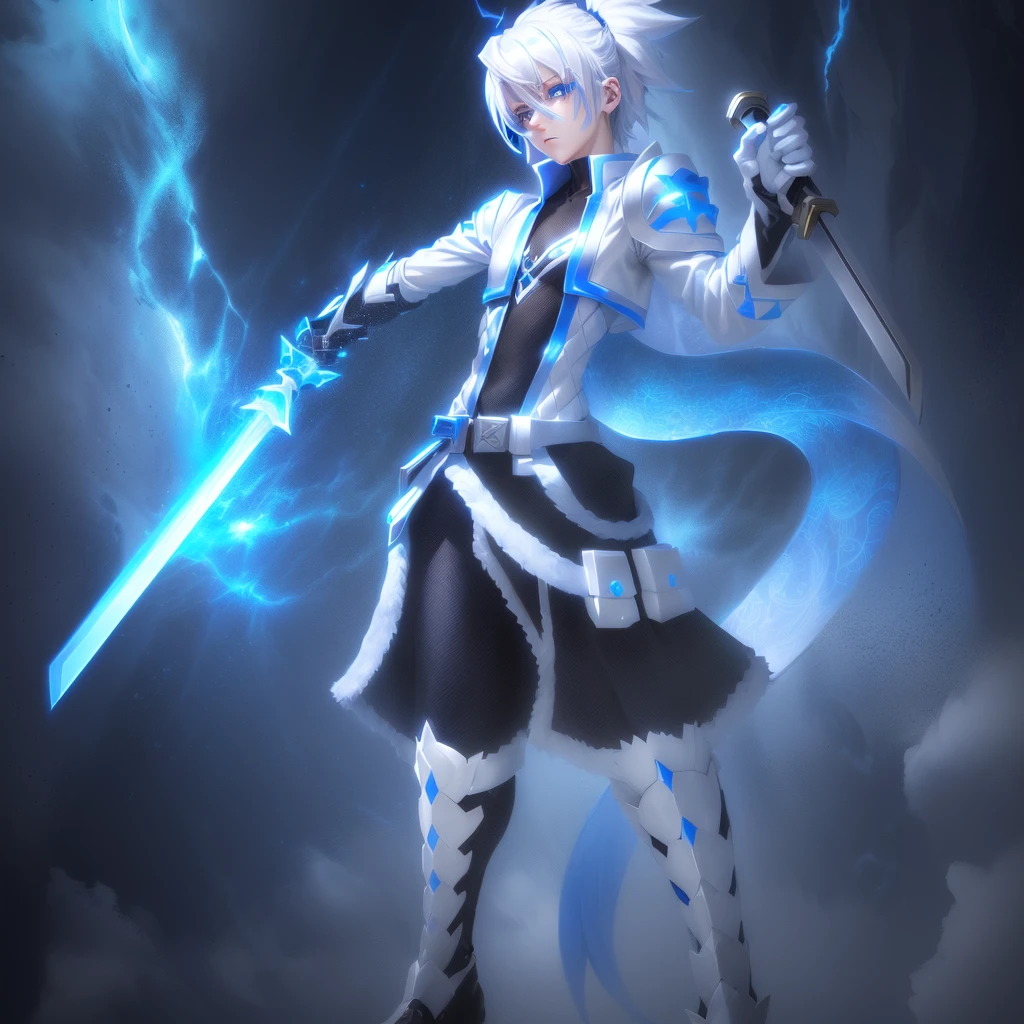 sketches of a drawing of a androgynous young boy with 2 swords, Kilua from hunter x hunter, an anime drawing, detailed fanart, hero 2d fanart artsation, ( ( character concept art ) ), anime drawing, game art!!, with out shading, anime shading), dramatic wielding sword pose, anime shading, white hair, glowing blue eyes, pale skin, black and blue clothing, metallic accents